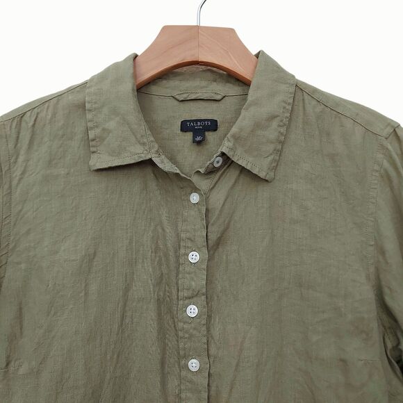 Talbots Tunic Top Womens Large Petite Green Linen Roll Tab Sleeve Beach Coastal - Picture 4 of 10